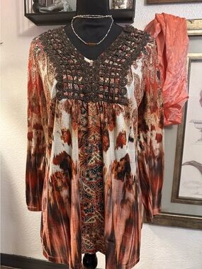 One World Boho Tunic Top Long Sleeve Crochet Lattice V-Neck Rust Orange•Size M•